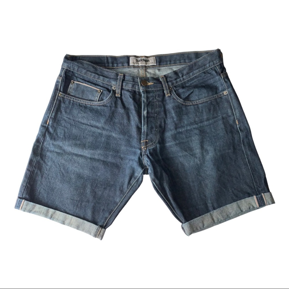 BALDWIN The Reed The Classic Straight Fit Cuffed Dark Denim Shorts 33